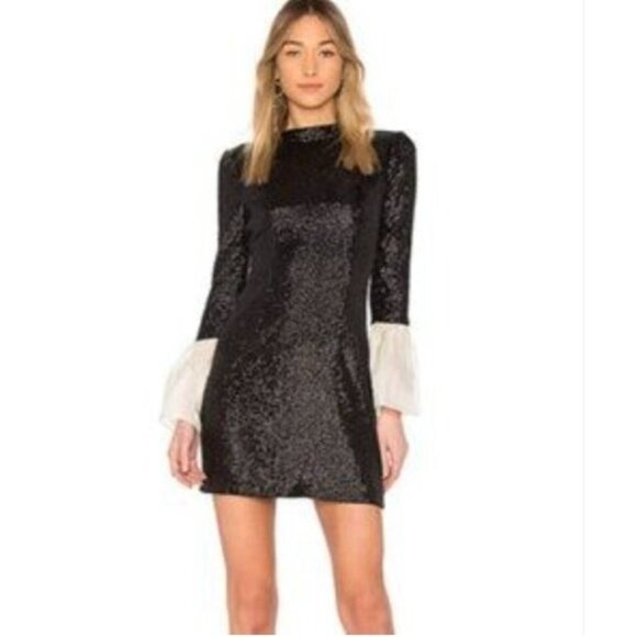 Rachel Zoe Black Sequin Mini Dress with White Flared Cuffs -Size 0